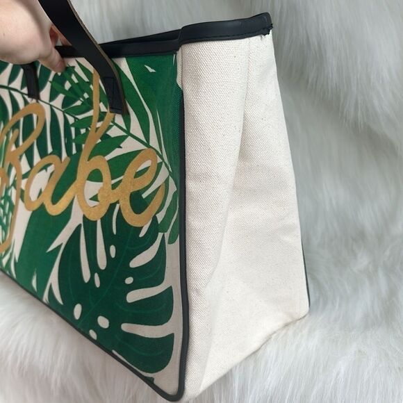 Babe Large Green Beige Tropical Vacation Beach Tote Bag - Picture 4 of 8